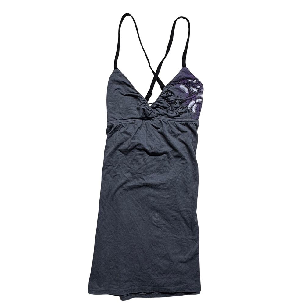 Vintage Metal Mulisha Dress Small Gray Floral Baby Doll Skull Goth Y2K